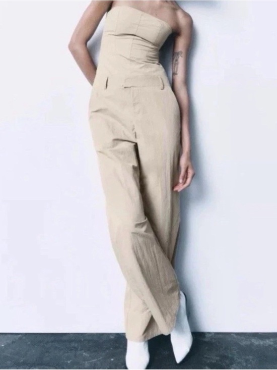 Zara Pants - Zara Strapless Wide-Leg Jumpsuit in Beige